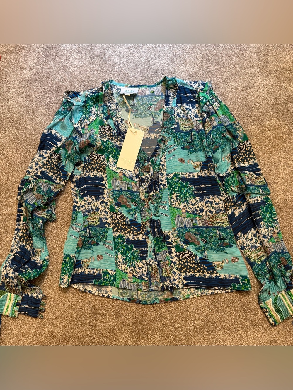 TAJ by Sabrina Crippa Blue & Green Printed Button-Down Blouse and Shorts Set